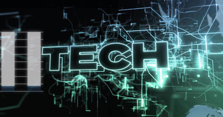 Shining TECH lettering on console showing neon-green circuits and chart panel with globe silhouette. Futuristic, digital, neon, cybernetic, network, data, interfaceの写真素材