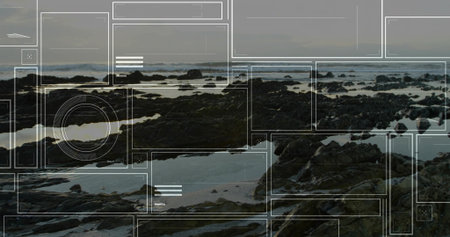 Stretching jagged rocky shoreline at low tide, showcasing shallow tide pools, distant ocean waves. Coastal, rugged, tranquil, mineral, reflective, natural, scenicの写真素材