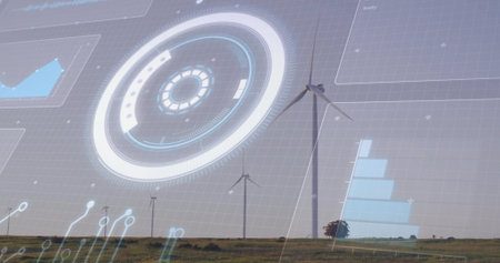 Showcasing tall white wind turbine projecting overlays on rural plains, with HUD and chart graphics....
