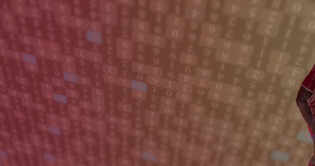 Streaming translucent numeric digits cascading across red digital grid, forming code background....
