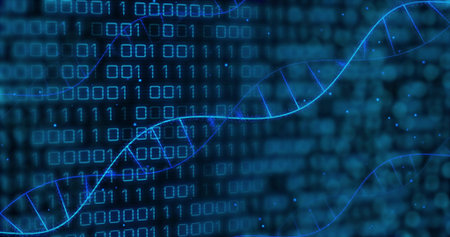 Displaying abstract digital environment with glowing binary code weaving through DNA helices....