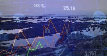 Digital data overlay moving over rocky shoreline with colorful line charts and numeric stats. Seascape, analytics, visualization, rugged, metric, technology, coastalの写真素材