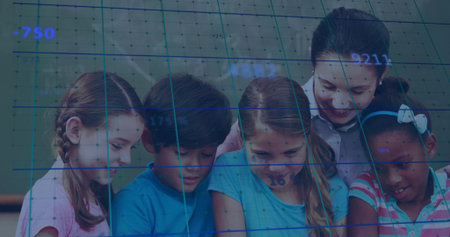 Examining teacher guiding students leaning forward in classroom, viewing chalkboard with data grid. Education, mentorship, collaboration, learning, innovation, classroom, youthfulの写真素材