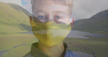 Blending boy portrait with mountain lake landscape, featuring blue shirt. Nature, portrait,...
