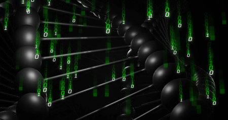 Stylized double helix floating in space with black spheres, rods, falling green binary digits. Futuristic, technology, digital art, scientific, innovation, abstract, geneticの写真素材