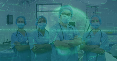 Standing medical team wearing blue scrubs and stethoscopes in hospital room, with digital overlay. Healthcare, teamwork, clinical, technology, professionalism, collaboration, precisionの写真素材