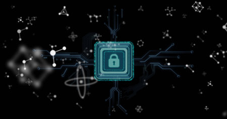 Radiating microchip square displaying padlock icon in network grid, with circuit lines and nodes....