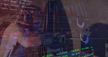 Shooter wearing protective gear aiming pistol at shooting range, overlaying financial charts....
