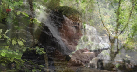 Blending woman talking into phone with waterfall flowing over mossy rocks in forest red berries....
