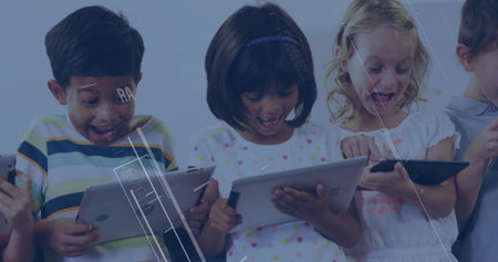 Smiling four children interacting with tablets and smartphone in blue studio, interface overlays....