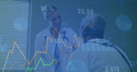 Female doctor wearing white coat consulting patient in clinic, with data overlays and stethoscope....