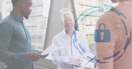 White-shirted woman discussing security, holding open folder and padlock graphic. Corporate,...