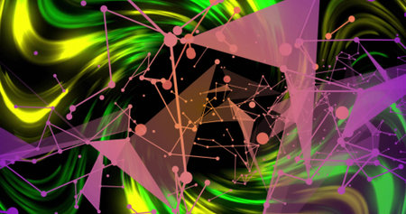 Displaying translucent pink and purple triangular network floating in abstract backdrop, neon waves....