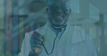 Senior physician wearing white coat and glasses holding stethoscope in clinic, with digital charts....