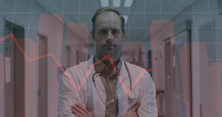 Posing midlife doctor crossing arms in clinic corridor with stethoscope lab coat and data charts. Clinician, healthcare, modern, technology, professionalism, diagnostic, analysisの写真素材