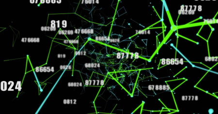Abstract 3D network swirling in virtual data space, with neon green and cyan lines, numeric labels....