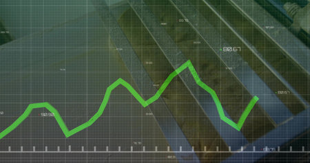 Displaying green line graph spanning grid overlay, with numeric labels over diagonal metal beams. Data visualization, analytics, technology, data analysis, digital interface, industrial design, futurismの写真素材