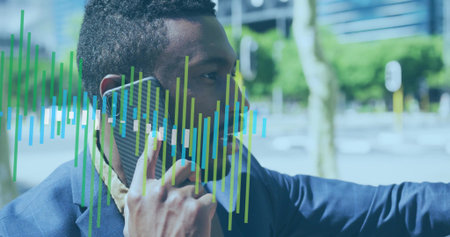 Talking smartphone businessman on road with wireless earbud, colored bar overlay, copy space. Professional, urban, modern, communication, technology, business, lifestyleの写真素材