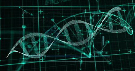 Displaying teal DNA helix floating over digital grid, node visuals, data panels and crosshairs....
