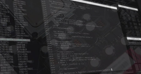 Overlaying code editor window displaying JavaScript code inside hardware with platters and circuits. Technology, cybersecurity, digital, innovation, engineering, data, programmingの写真素材