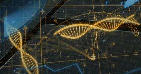 Displaying glowing DNA helices floating above grid interface, showing data lines and axis markers. Futuristic, technology, biotech, data visualization, digital, network, scientificの写真素材