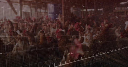 Standing brown chickens huddling in poultry barn, with digital grid overlay and numeric labels. Livestock, automation, industrial, agriculture, efficiency, technology, monitoringの写真素材