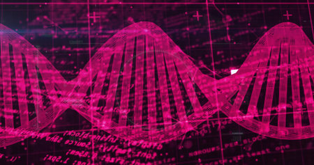 Waving pink DNA double helix across interface, showing gridlines, code, plus symbols, data points....