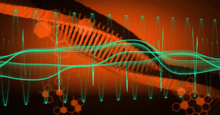 Streaming green-dotted and teal sine wave graphs across data interface with helix, hexagonal motifs....