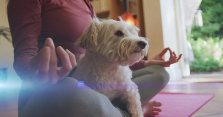 Meditating woman wearing yoga outfit on yoga mat at home, with dog, bookshelf, lamp, sliding door. Tranquility, mindfulness, relaxation, cozy, wellness, homeの写真素材