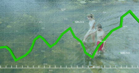 Wading couple in clear water in white bikini, red trunks, green financial chart overlay. Pair, aquatic, digital, outdoors, energetic, minimalistの写真素材
