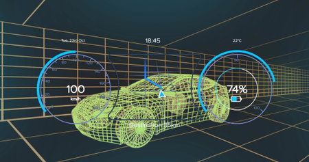 Displaying green wireframe car inside 3D tunnel, with speed gauge, battery gauge, nav arrow and HUD. Futuristic, digital, virtual, sleek, cyber, navigation, technologyの写真素材