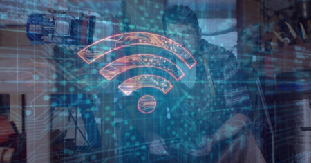 Working man in plaid shirt, glasses assembling wood piece in workshop, drill press, digital overlay. Craftsman, woodworking, technology, innovation, manufacturing, craftsmanship, industrialの写真素材