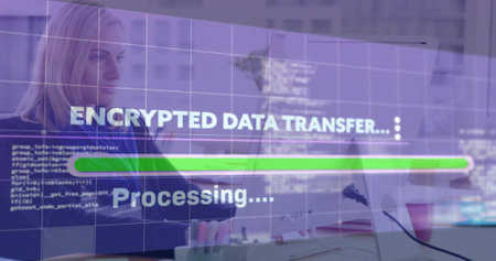 Working businesswoman typing at monitors in office, showing encrypted data transfer progress bar. Technology, cybersecurity, data, digital, professional, modern, communicationの写真素材