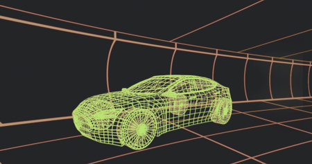 Displaying neon green wireframe 3D car model inside virtual tunnel, showing orange grid lines....