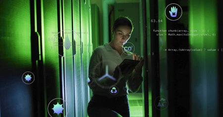 Monitoring adult IT technician analyzing server racks at data center, with tablet, overlay icons....