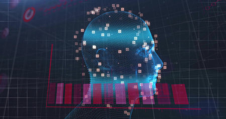 Displaying 3D wireframe head model on data console, with facial recognition markers and red bars. Futuristic, technology, visualization, analysis, digital, innovation, biometricの写真素材