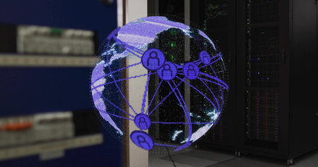 Floating holographic globe showing network links in data center, with server racks and lights....