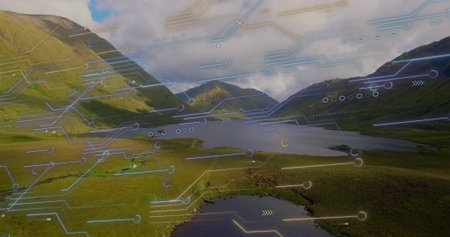 Showing freshwater lake amid grassy slopes in mountain valley, with digital overlay and buildings....