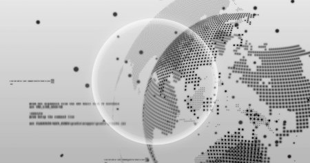 Highlighting translucent overlay magnifying dotted globe in digital interface with dots and code. Technology, data, visualization, innovation, connectivity, network, digitalの写真素材