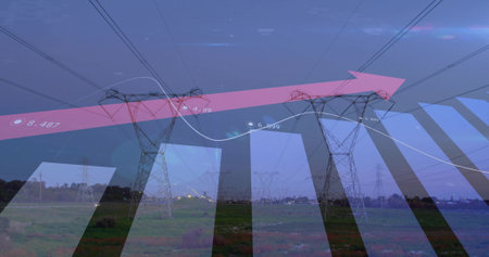 Featuring steel pylons stretching across rural plain, with pink arrow, data bars and trend line. Infrastructure, energy, data visualization, technology, sustainability, progress, industrialの写真素材