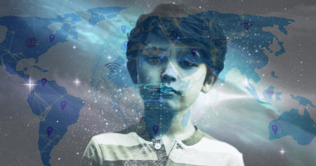 Standing boy wearing striped polo in digital mesh map space, with connections, WiFi and map pins....