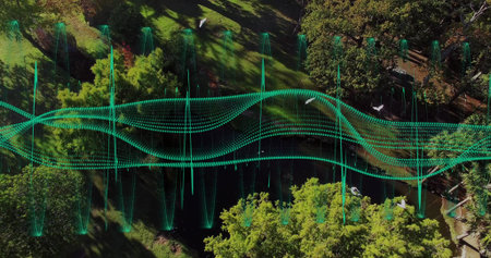 Floating green digital waveforms in park clearing, showing small pond amid dense trees, white birds....