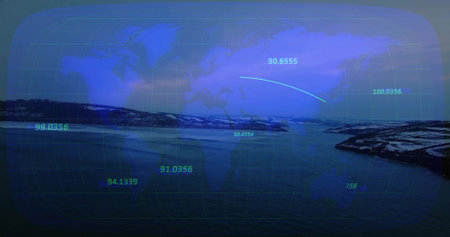 Displaying mountain lake at dusk in valley, with world map projection overlay and curved trajectory....