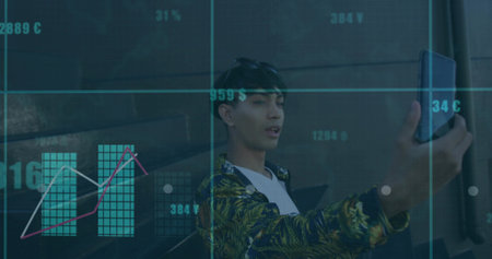 Holding smartphone, Asian man wearing bomber jacket and sunglasses inside hall, with teal gridlines. Urban, futurism, technology, innovation, modern, stylish, vibrantの写真素材