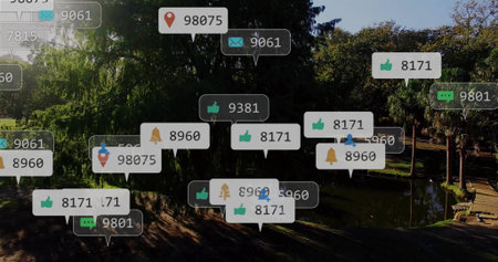 Floating digital notification icons above park walkway, with likes messages pins alerts counters....