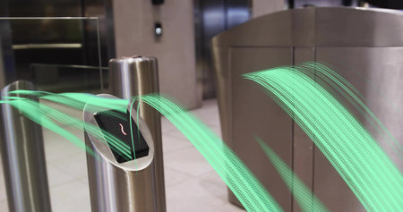 Steel turnstile scanning smartphone on angled reader in office lobby, streaming green light trails....