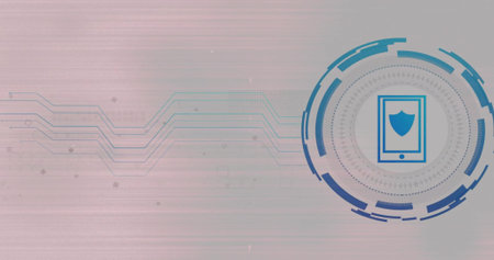 Showing interface on screen with tablet icon, shield emblem and circuit circles lines, copy space. Technology, cybersecurity, data protection, digital interface, network, innovation, securityの写真素材