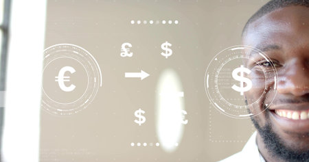 Man wearing white shirt showing currency conversion in studio, with HUD graphics, copy space. Finance, technology, professional, digital, abstract, transaction, businessの写真素材