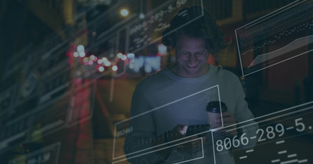 Man in pullover examining holographic overlays on sidewalk at night, with smartphone and coffee cup. Futuristic, cityscape, technology, urban, nightlife, cyber, innovationの写真素材