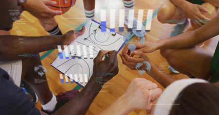 Drawing lines, coach and players huddling on gym court in jerseys, with clipboard marker basketball. Team, strategy, coaching, athleticism, teamwork, sportsmanship, trainingの写真素材